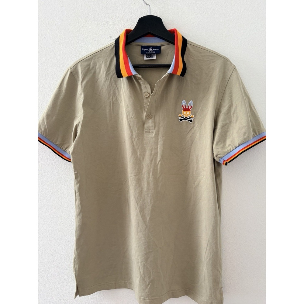 Psycho Bunny Mens Polo Shirt Large Tan Khaki Striped Collar Embroidered Bunny